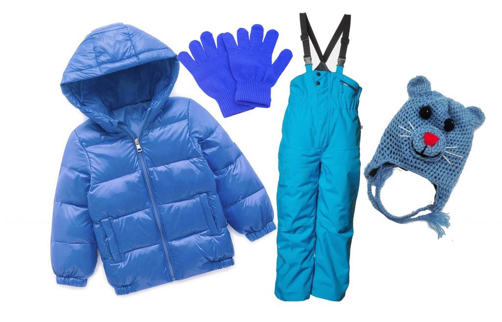 winter hiking gear for kids jacket, pant, gloves and woolen hat